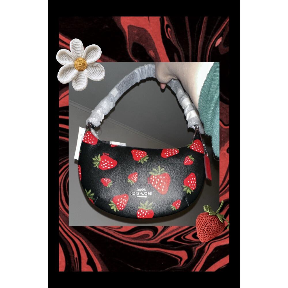 COACH Payton Hobo Wild Strawberry Print Black Red Cute Summer Fun Crescent NWT